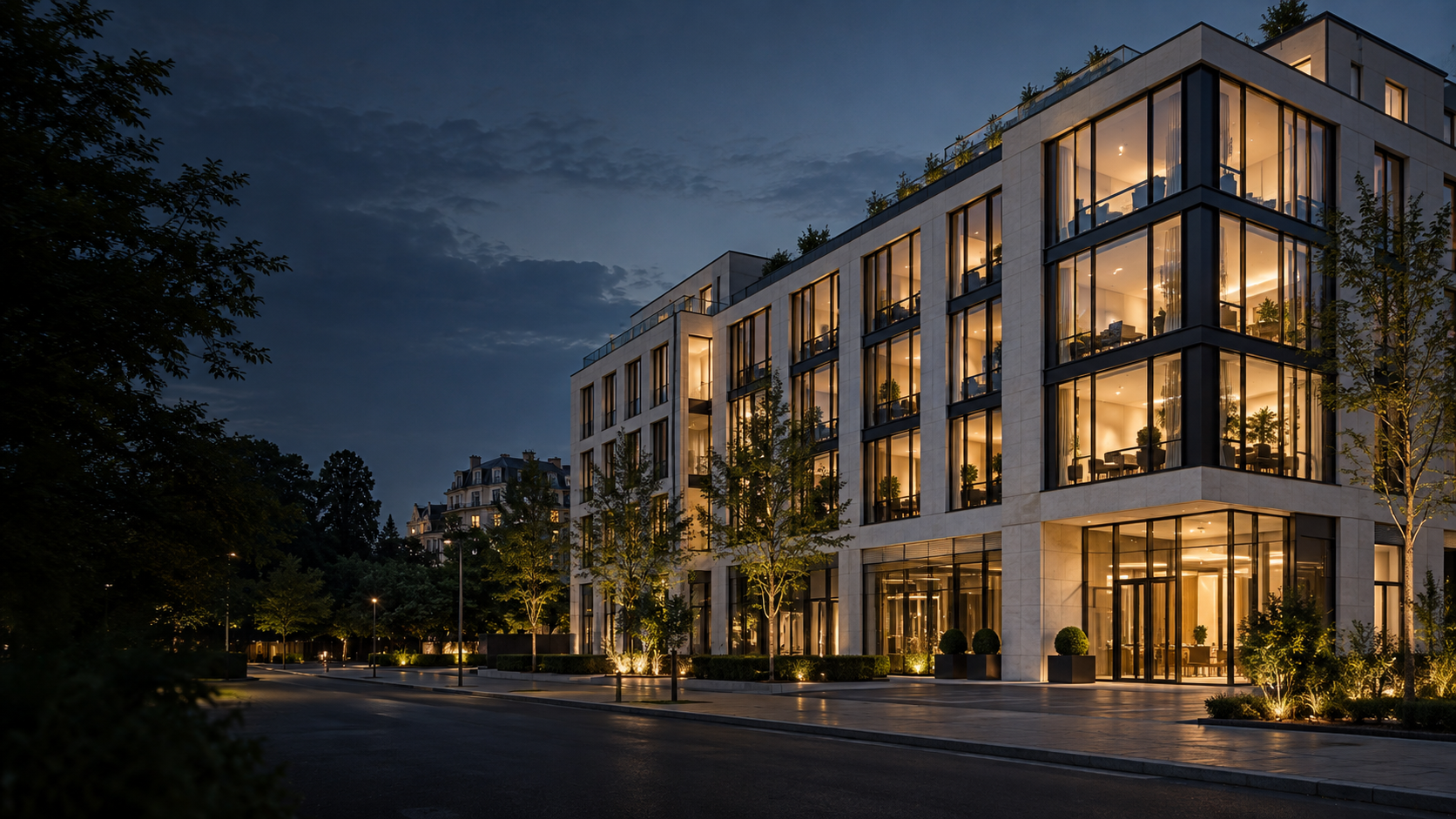 Contemporary office architecture at dusk